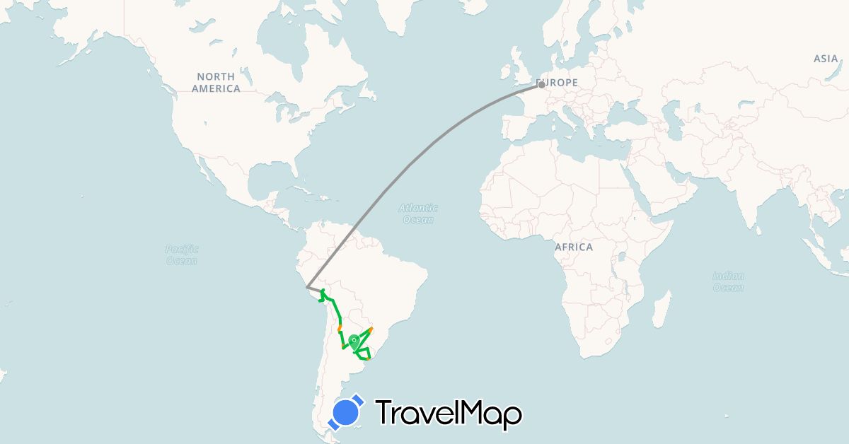 TravelMap itinerary: driving, bus, plane, hitchhiking in Argentina, Belgium, Bolivia, Peru, Uruguay (Europe, South America)